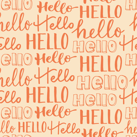 Hand-lettering seamless pattern. Word Hello in different styles. Orange letters on beige background.のイラスト素材