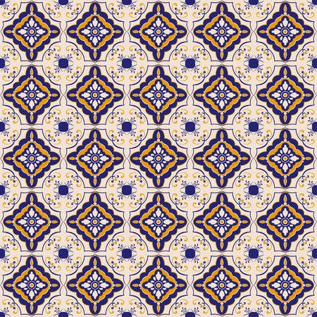 Seamless pattern of rhombus blue and yellow ceramic tile with portugal motivesのイラスト素材