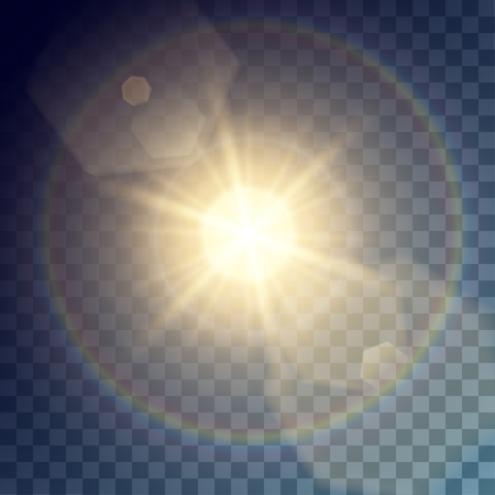 Vector golden sun with light effects. Big rays, hotspots, rainbow halo and flares on transparent like background. Release clipping mask for work.のイラスト素材