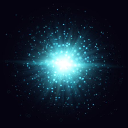 Vector star flash illustration. Blue beams and sparks on dark background. Spotlight in the depths of ocean.のイラスト素材