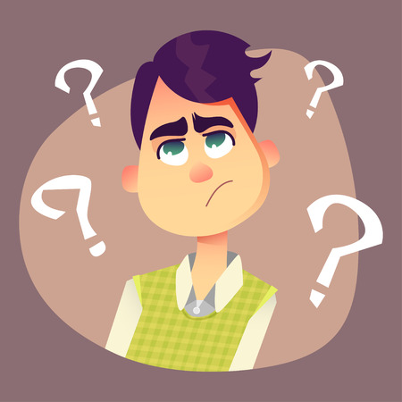 Purple haired man thinking about something disturbing. Funny cartoon illustration. Guy in office suit with question marks.のイラスト素材