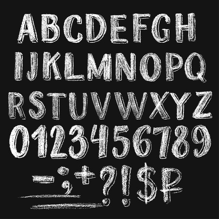 Sans serif chalk roman alphabet with only caps letters. Numbers, several signs and money symbols. Textured white characters on dark background.のイラスト素材