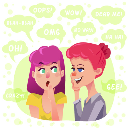 Gossip girls illustration. Two women surrounded by speech bubbles. Funny character design.のイラスト素材