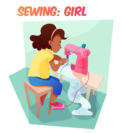 Little african american girl sewing something at machine. Children hobby illustration. Flat cartoon style about little needlewoman.のイラスト素材