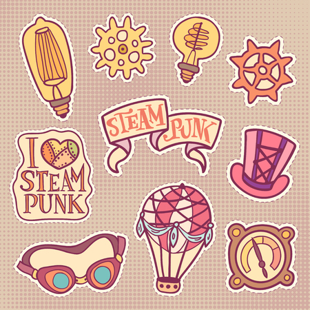 Cartoony steampunk patches set. Fashion vintage badges - gears, bulbs, lettering on ribbon and with metal heart, cylinder, goggles, air balloon and device. Halftone beige background.のイラスト素材