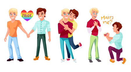 Gay couple concept illustrations set. Two men holding hands, hugging and making marriage proposal. Isolated character design on white background.のイラスト素材