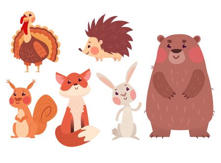 Set of cute wild animals and a turkey bird isolated on white background.のイラスト素材