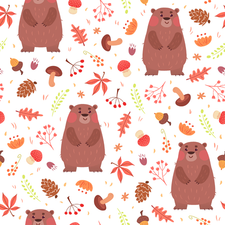 Cute autumn seamless pattern. Cartoon bears, leaves, mushrooms, flowers. Vector illustration on white background. Childish ornament for wrapping paper and textileのイラスト素材