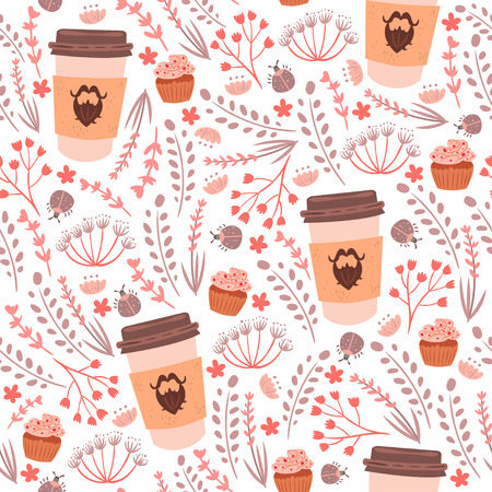 Seamless pattern with herb and berries in simple flat. Autumn season decoration vector illustration.のイラスト素材