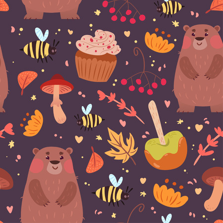 Seamless pattern with cute bears, mushrooms, leaves, bees and forest herbs and flowers. Vector illustration on dark blue background.のイラスト素材
