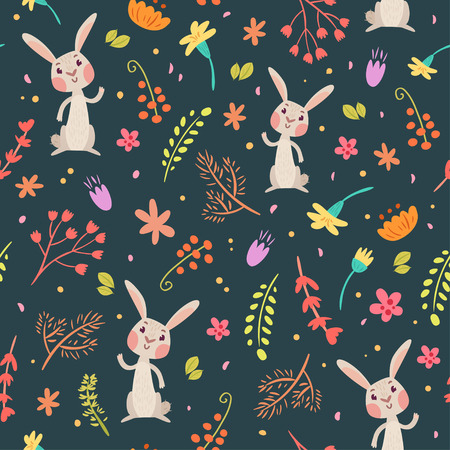 Forest seamless pattern in cute flat style. Rabbits, flowers and herbs on dark background.のイラスト素材