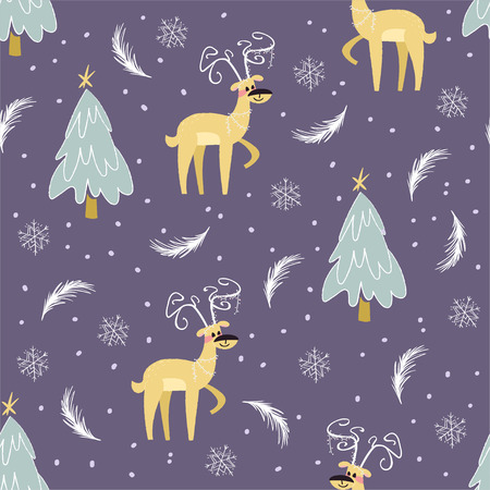 Christmas pattern with deers, fir trees and snowflakes decorations on purple background.のイラスト素材
