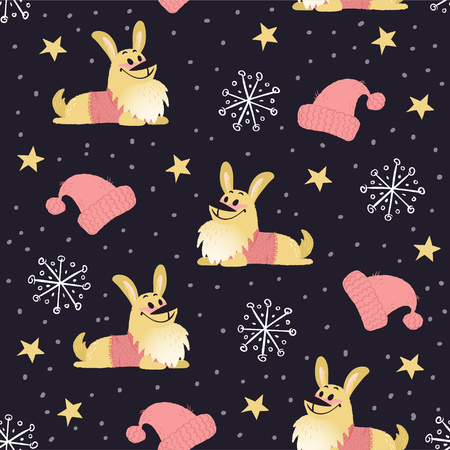 Cute winter pattern with corgi dogs in sweater, smiling and happy. Also warm hats, snowflakes and star decorations at dark background.のイラスト素材