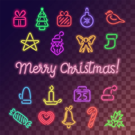 Neon icons colorful set. Text Merry christmas in the middle. Decorative symbols of winter holidays.のイラスト素材
