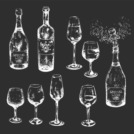 Black and white hand-drawn wine set with glasses full and empty, bottlesのイラスト素材