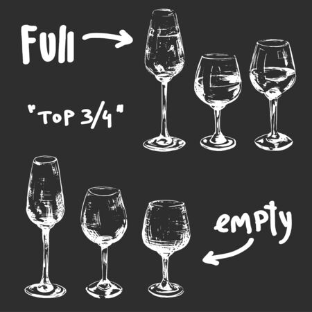 Set of different glasses ful and empty, white chalk illustration in wine theme in perspective viewのイラスト素材