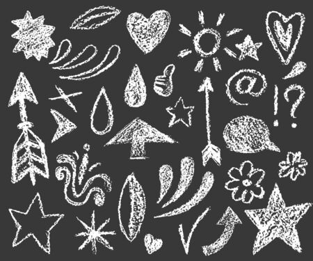 set of chalk doodle illustration on dark background, cute small illustrationsのイラスト素材