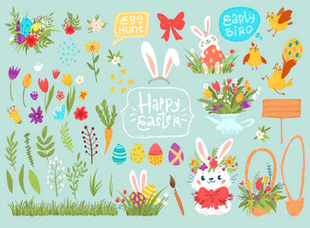 Cartoon vector easter graphical set with rabbitsのイラスト素材