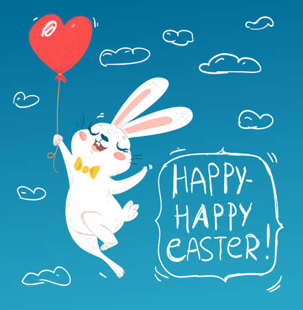 Bunny flying on air balloon greeting cardのイラスト素材