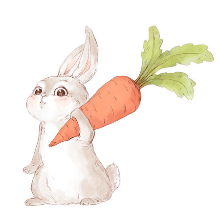 Funny cute illustration of rabbit holding big carrotの写真素材