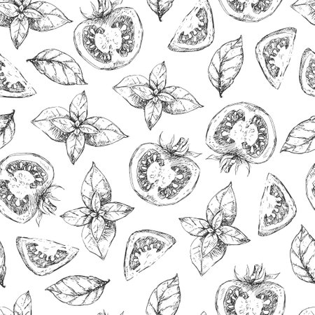 Tomato and basil vintage seamless pattern designのイラスト素材
