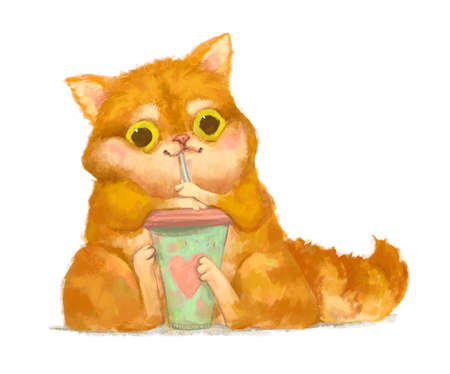 Cute cartoon kitten holding green cup with strawの写真素材