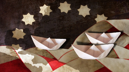 Columbus Day. Flag Waves Chart and Three Paper Boatsの写真素材