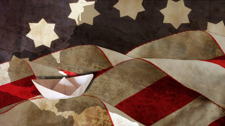 Columbus Day. United States Flag Waves Chart and Paper Boatの写真素材