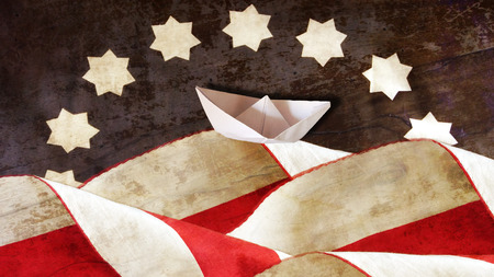 Columbus Day. US Flag Waves and Paper Boatの写真素材