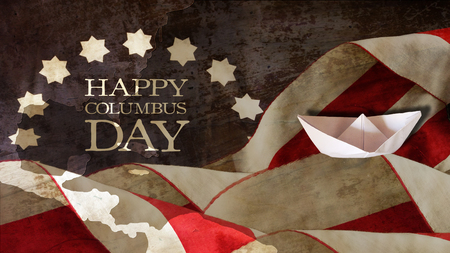 Happy Columbus Day. American Flag Waves Chart and Paper Boatの写真素材