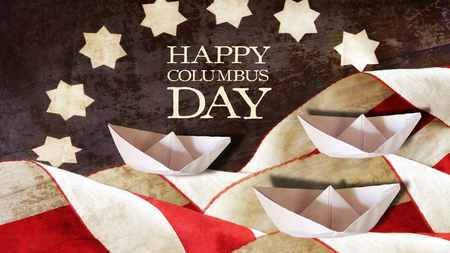Happy Columbus Day. Flag Waves and Three Paper Boatsの写真素材