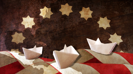 Columbus Day. Three Caravels Paper Chart and Flag Wavesの写真素材