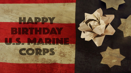 Happy Birthday US Marine Corps Flag and Camouflage Ribbonの写真素材