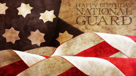 Happy Birthday National Guard. US Flag Waves and Woodの写真素材