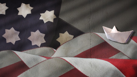 US Flag Turbulent Waves and Paper Boat on Plaster