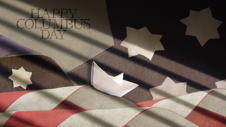 Happy Columbus Day. US Flag Waves and Paper Boatの写真素材