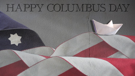 Happy Columbus Day. Paper Boat Sailing with American Flagの写真素材
