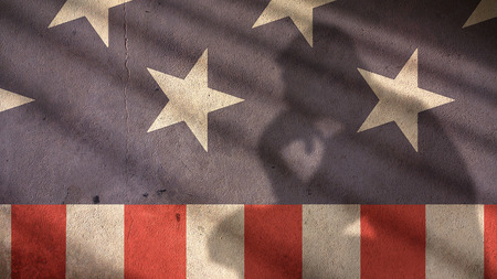 Man Thinking on Shadow Usa Flag. Concrete Wall.の写真素材