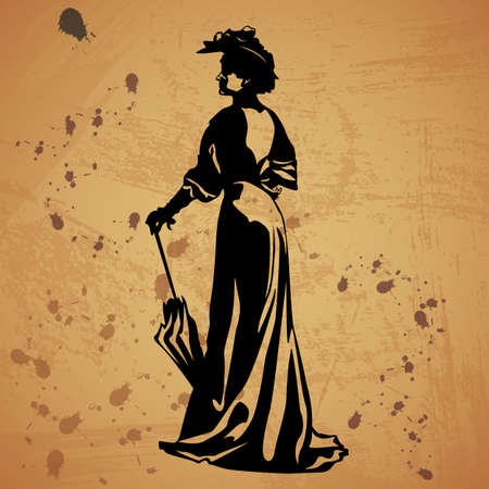 Black silhouette of the woman with umbrella on grunge backgroundのイラスト素材