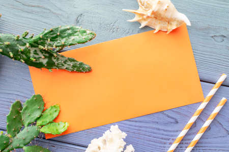 summer background: colored envelopes with seashellsの写真素材