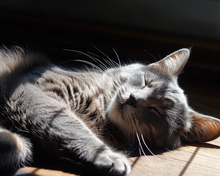 Contentment in Grey: A relaxed gray cat basking in the sunlight, radiating contentment and tranquilityの素材