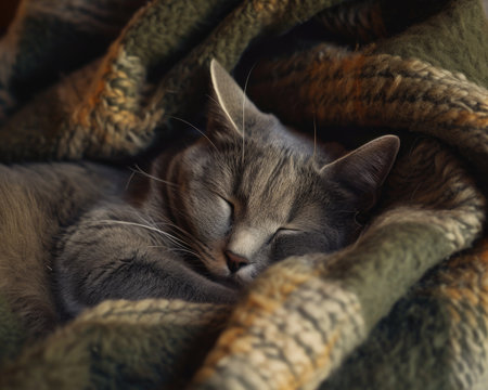 Cozy Corner Companion: A content gray cat nestled in a cozy corner, embodying the warmth and comfort of a furry friendの素材