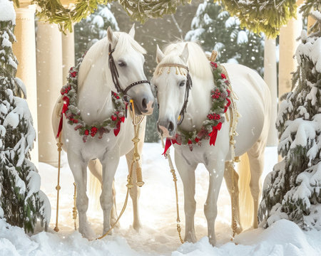 Winter Gala: A festive image featuring white horses adorned with winter decorations, adding a touch of holiday charm to the equine sceneの素材