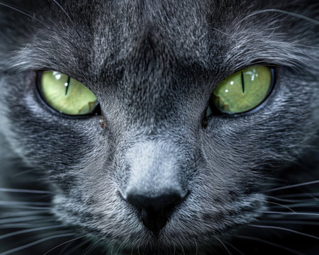 Gray Cat with Green Eyes: A captivating image capturing the intense gaze of a gray cat with striking green eyesの素材