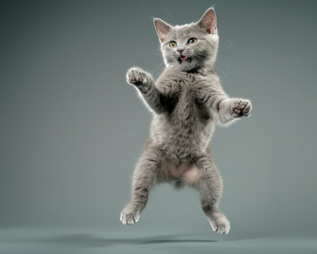 Playful Gray Kitty: A dynamic shot of a lively gray cat engaged in playful antics, expressing the joy of feline mischiefの素材