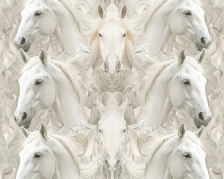 White Horse Symphony: An artistic depiction of white horses arranged in a symmetrical pattern, creating a visually stunning and harmonious compositionの素材