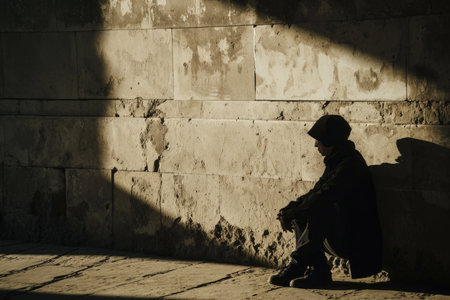 A shadowy figure cast against a wall, representing the unseen and overlooked aspects of a person's struggles with injusticeの素材
