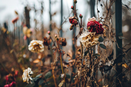 A neglected garden with wilted flowers, signifying the decay resulting from ungratefulness toward nature's beautyの素材