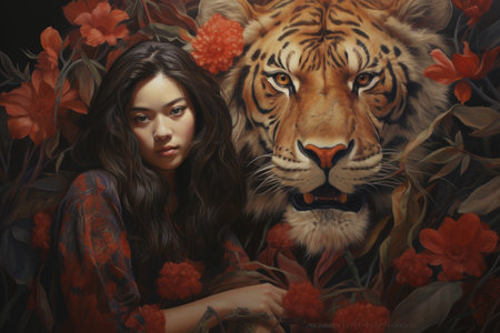 Image of a beautiful girl with a tiger and flowersの素材