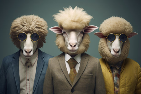 Image of three people with sheep heads in suits and glasses on a gray backgroundの素材